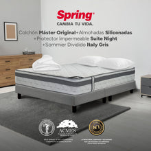 Combo Colchon Spring Master Original-140X190+Sommier  Italy Gris +Set X 2 Almohadas Siliconadas + Protector