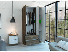 Closet Bernal, Chocolate y Blanco, con Tubo Cromado, Dos Cajones y Un Espejo