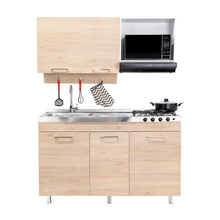 Cocina Integral Deneb, Beige y Blanco, Incluye Mesón Izquierdo En Acero Inoxidable con Cuatro Puestos de Gas Natural