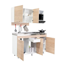 Cocina Integral Deneb, Beige y Blanco, Incluye Mesón Izquierdo En Acero Inoxidable con Cuatro Puestos de Gas Natural