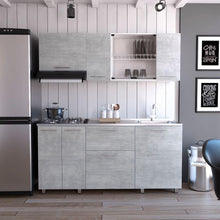 Cocina Integral 180 Linar, Cemento y Blanco, Incluye Mesón Derecho En Acero Inoxidable  ZF