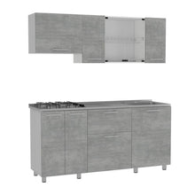 Cocina Integral 180 Linar, Cemento y Blanco, Incluye Mesón Derecho En Acero Inoxidable  ZF