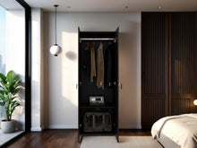 Closet Beico, Nogal y Negro, con dos Puertas Abatibles y un Tubo cromado ZF