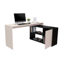 Escritorio en L Cuera, Capri y Wengue, con compartimento para objetos de estudio o decorativos