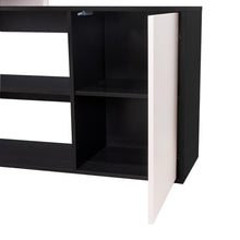 Escritorio en L Cuera, Capri y Wengue, con compartimento para objetos de estudio o decorativos