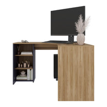 Escritorio En L Dafne, Fresno Europeo y Azul Kronos , con Dos Entrepaños y Base con Rodachinas Para Fácil Desplazamiento