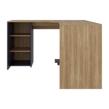 Escritorio En L Dafne, Fresno Europeo y Azul Kronos , con Dos Entrepaños y Base con Rodachinas Para Fácil Desplazamiento