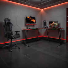 Escritorio Gamer en L, Negro y Rojo, cuenta con espacio para mas de una pantalla