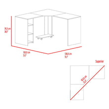 Escritorio En L Dafne, Fresno Europeo y Azul Kronos , con Dos Entrepaños y Base con Rodachinas Para Fácil Desplazamiento
