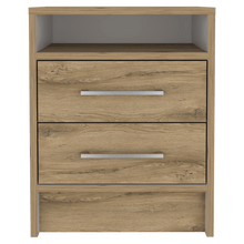 Mesa de Noche Douglas, Macadamia y Blanco, con Un Entrepaño Superior y Dos Cajones Organizadores