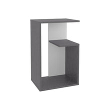 Mesa de Noche Evert, Piedra y Blanco Duqueza, con diseño moderno y espacio para ubicar objetos ZF
