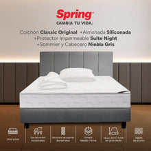 Combo Colchón Spring Classic Original Doble 140X190 Cm + Base Cama Gris + Cabecero Gris + Almohadas Siliconadas + Protector Impermeable