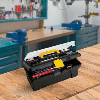 Caja Herramientas 12" con Tapa Organizadora Cerradura Plástica Negro
