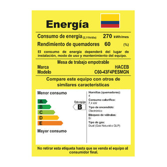 Cubierta Haceb 60 Cms 4 Puestos Gas Propano ASL Cristal Mando