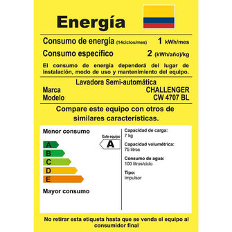 Lavadora  Semiautomática Cw 4707 Bl Doble Tina 7 Kg - De 15 Lb Challenger, Color Blanco