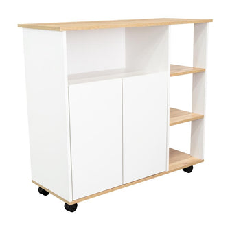 Mesa Auxiliar Ponte, Blanco Perla y Café Claro, con amplia superficie en la mesa
