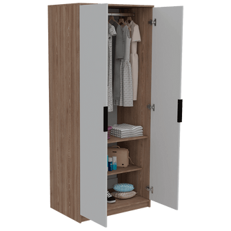 Closet Wesley, Miel y Blanco, con Un Tubo Cromado y Dos Puertas Batientes