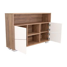 Mesa Auxiliar Recibidor Orus, Miel y Blanco, con Cuatro Puertas y Patas de Acero