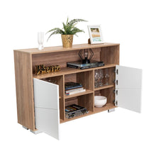 Mesa Auxiliar Recibidor Orus, Miel y Blanco, con Cuatro Puertas y Patas de Acero