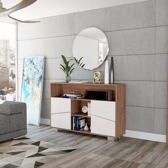 Mesa Auxiliar Recibidor Orus, Miel y Blanco, con Cuatro Puertas y Patas de Acero