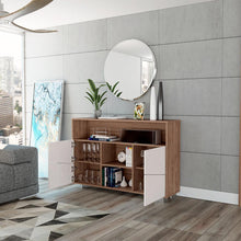 Mesa Auxiliar Recibidor Orus, Miel y Blanco, con Cuatro Puertas y Patas de Acero