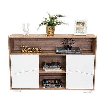 Mesa Auxiliar Recibidor Orus, Miel y Blanco, con Cuatro Puertas y Patas de Acero