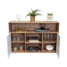 Mesa Auxiliar Recibidor Orus, Miel y Blanco, con Cuatro Puertas y Patas de Acero