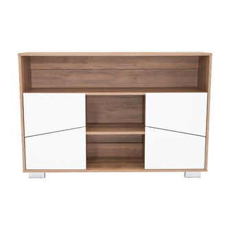 Mesa Auxiliar Recibidor Orus, Miel y Blanco, con Cuatro Puertas y Patas de Acero