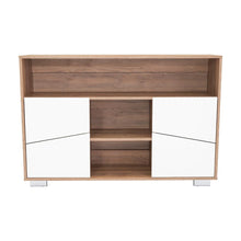 Mesa Auxiliar Recibidor Orus, Miel y Blanco, con Cuatro Puertas y Patas de Acero