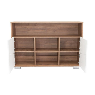 Mesa Auxiliar Recibidor Orus, Miel y Blanco, con Cuatro Puertas y Patas de Acero