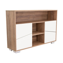 Mesa Auxiliar Recibidor Orus, Miel y Blanco, con Cuatro Puertas y Patas de Acero