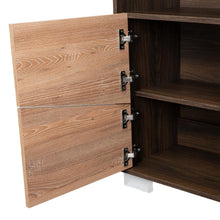 Mesa Auxiliar Recibidor Orus, Caoba y Miel, con Cuatro Puertas y Patas de Acero