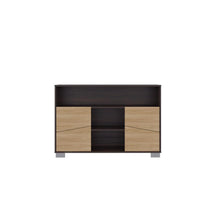Mesa Auxiliar Recibidor Orus, Caoba y Fresno Europeo, con Cuatro Puertas y Patas de Acero