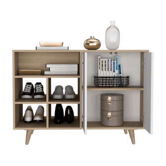 Mesa Auxiliar Zapatero Burdeos, Beige y Blanco, con Cuatro Puertas de Apertura Push y Múltiples Entrepaños