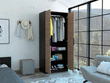 Closet Wesley, Wengue y Miel, con Un Tubo Cromado y Dos Puertas Batientes