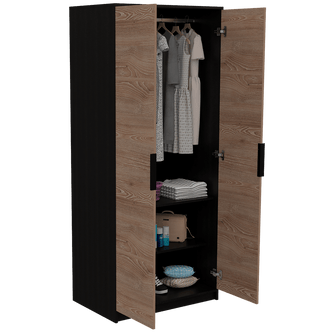 Closet Wesley, Wengue y Miel, con Un Tubo Cromado y Dos Puertas Batientes