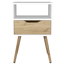 Mesa de Noche Alesio, Blanco y Café Claro, con Patas de Madera y Un Cajón X2