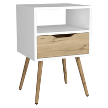 Mesa de Noche Alesio, Blanco y Café Claro, con Patas de Madera y Un Cajón X2