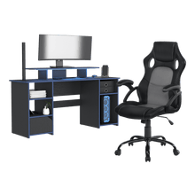 Combo Gamer , Wengue y Negro, Incluye Escritorio bordo Azul y Silla Gamer