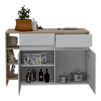 Barra de Cocina Polux, Beige y Blanco, con Amplia Superficie Superior y Entrepaño Móvil Interno