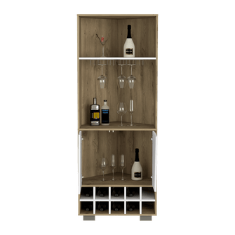 Bar Esquinero Orus, Macadamia y  Blanco, con Espacio Para Botellas y Porta Copas Hc