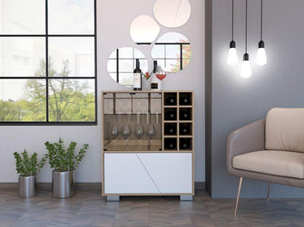 Bar Orus, Beige y Blanco, con Dos Puertas y Espacio Para Botellas y Porta Copas