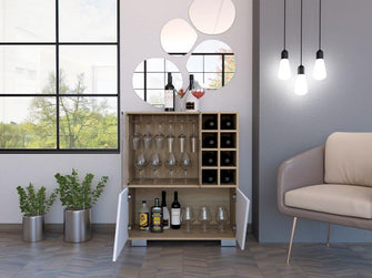 Bar Orus, Beige y Blanco, con Dos Puertas y Espacio Para Botellas y Porta Copas