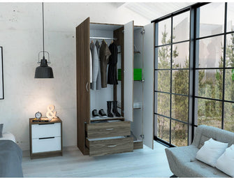 Closet Bernal, Chocolate y Blanco, con Tubo Cromado, Dos Cajones y Un Espejo