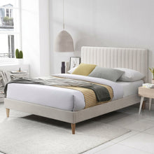 Cama Doble Tania, Gris Crema, Madera Roble Tapizada