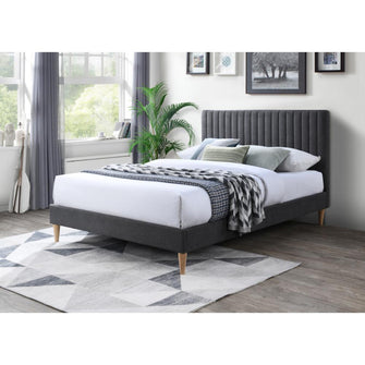 Cama Doble Tania, Gris Oscuro, madera roble tapizada