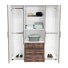 Closet Fontana, Nogal y Blanco, con Cuatro Puertas Abatibles y Tres Cajones Organizadores