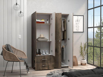 Closet Arkola, Nogal y Blanco, con Dos Cajones Organizadores y Cuatro Puertas Abatibles