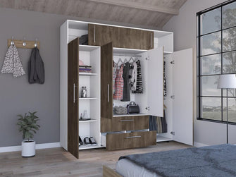 Closet Babel, Nogal y Blanco, con Cuatro Puertas Abatibles y Cuatro Cajones Multiusos