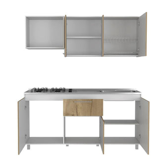 Mueble Multiusos Alan, Café Claro y Blanco, Incluye Mesón Derecho En Acero Inoxidable